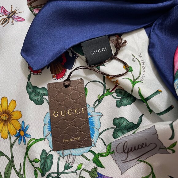 Gucci Silk Wrap Flora 1 Print Multicolor Blue Border Scarf - Picture 8 of 16